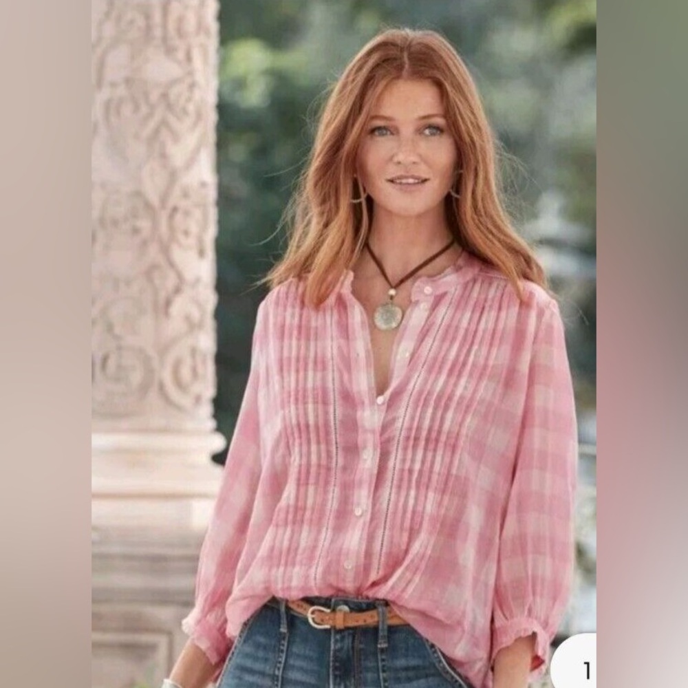 Sundance Pink Plaid Risette Western Feminine Beachy Lightweight 100% Cotton Top